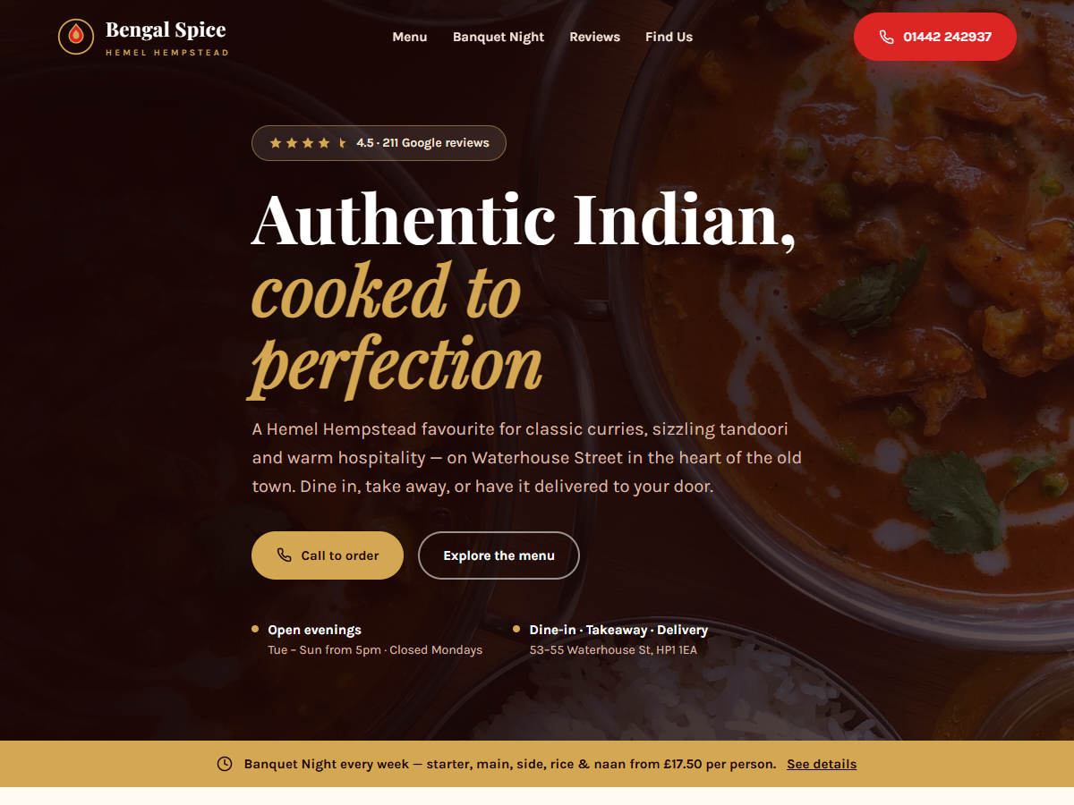 Bengal Spice homepage — Indian takeaway site for Hemel Hempstead.