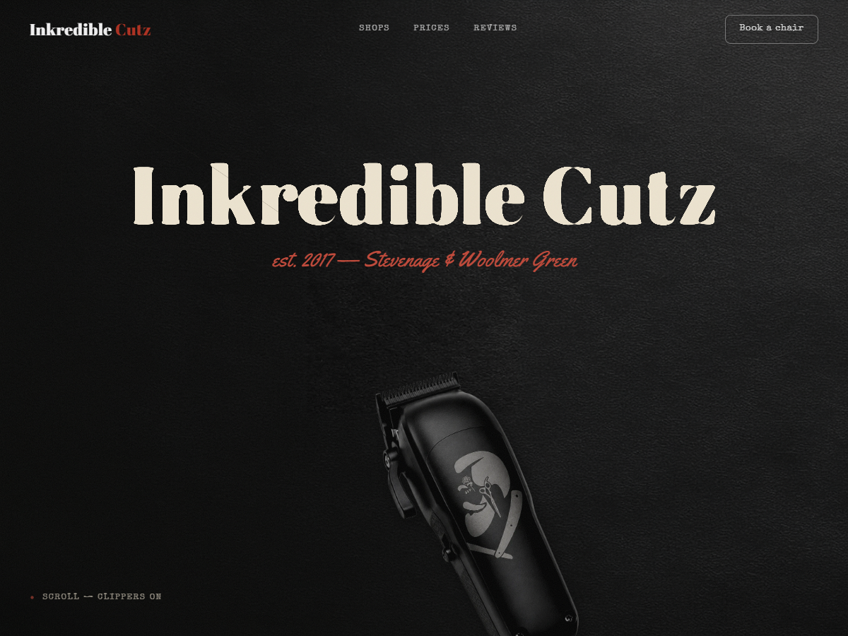 Inkredible Cutz homepage — barbershop site with 3D clipper hero.