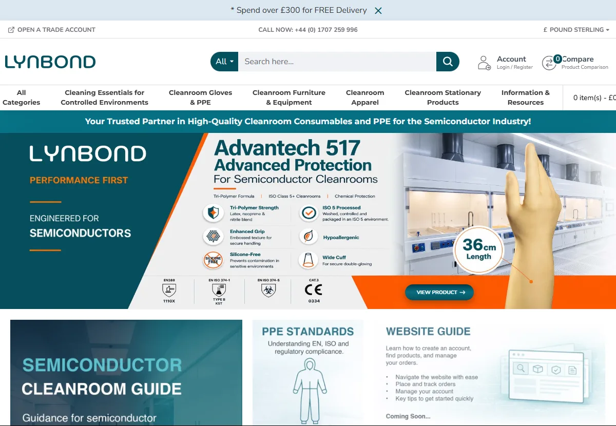 Lynbond homepage: cleanroom consumables and PPE for the semiconductor industry.
